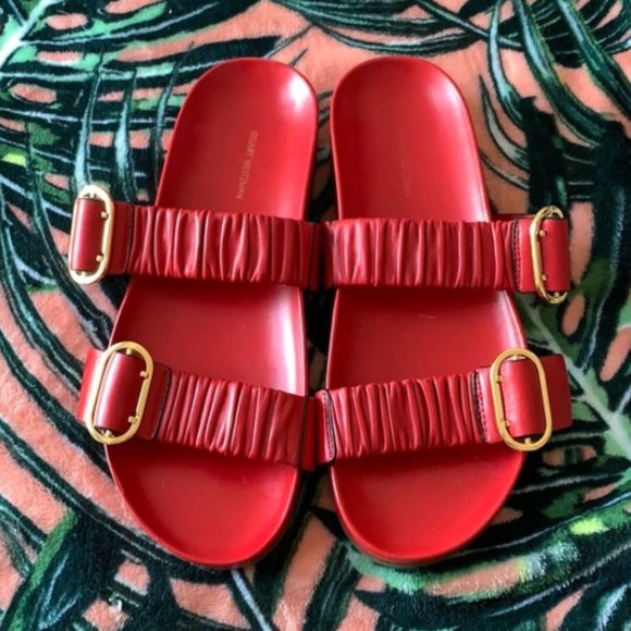 Stuart Weitzman Shoes - STUART WEITZMAN Red Leather Buckle Slide Sandals